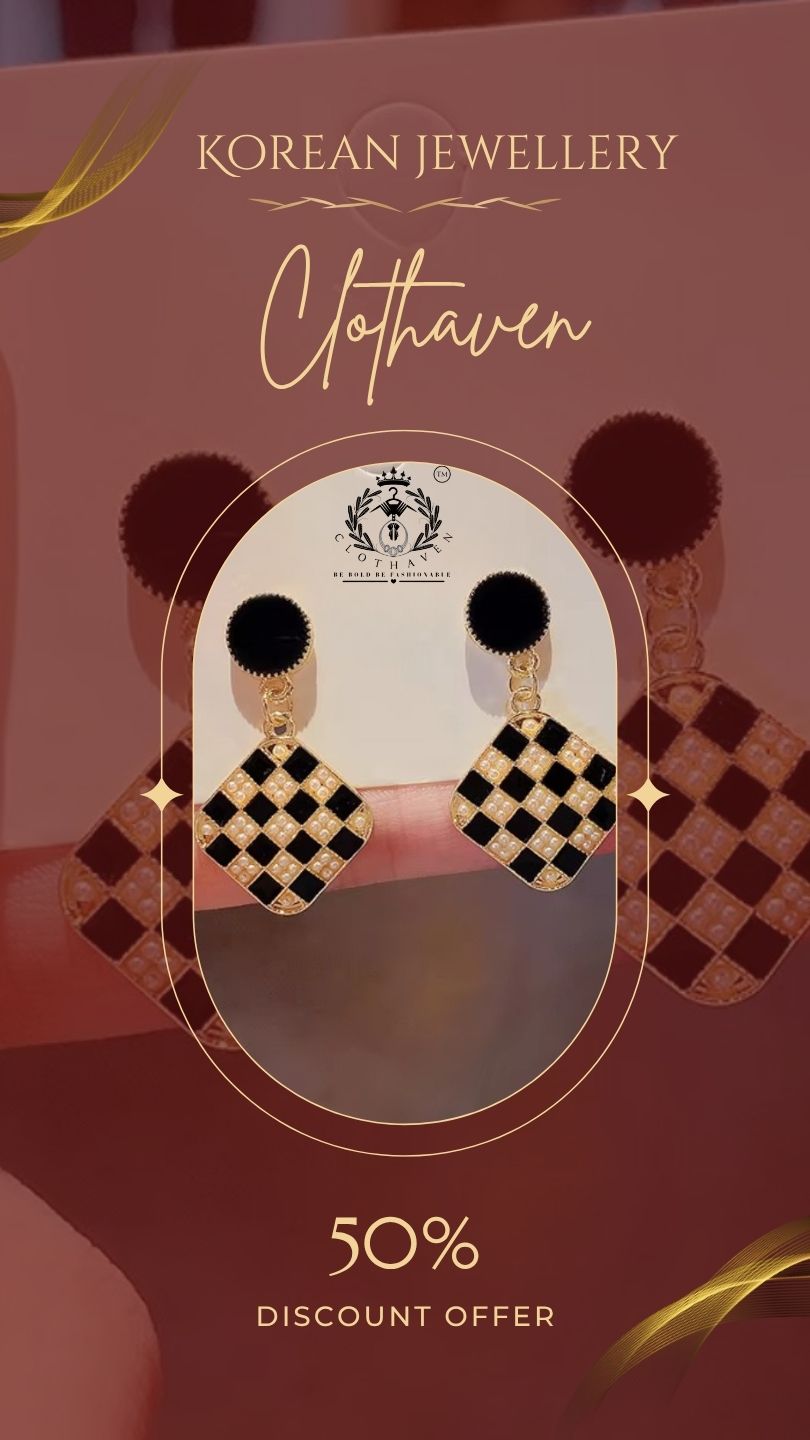 Bold Checkerboard Dangle Korean Earrings by Clothaven