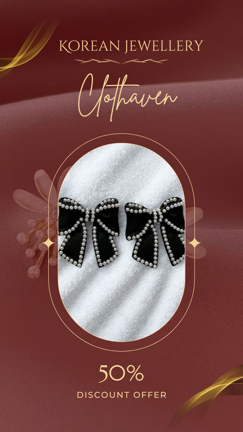 Charming Pearl-Trimmed Black Bow Korean Earrings by Clothaven