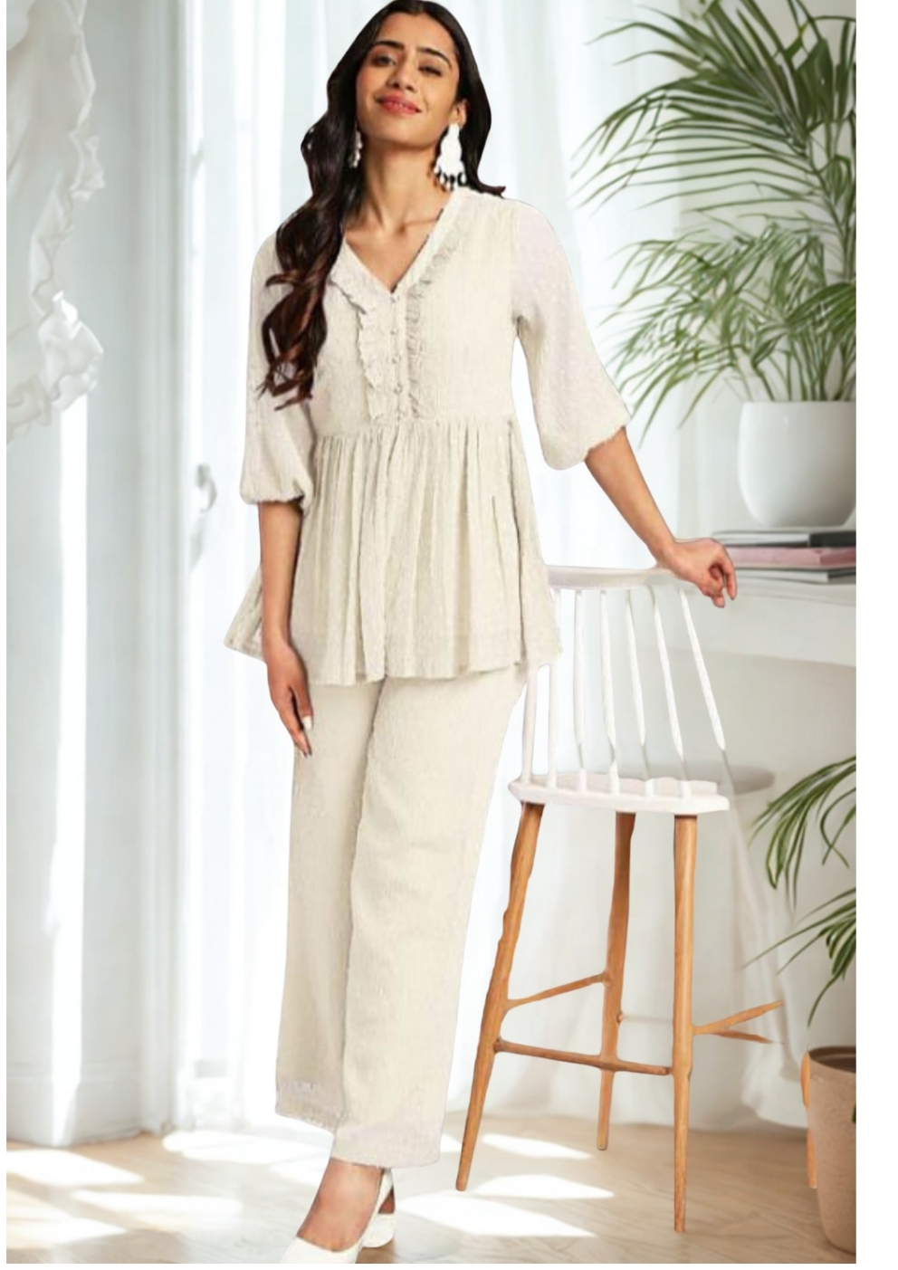 Ivory Crinkle Peplum Co-ord Set