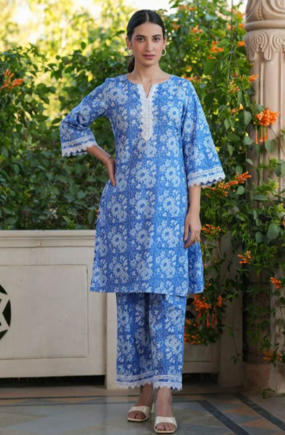 Azure Bloom Lace-Trimmed Cotton Set