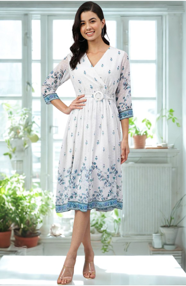 Azure Bloom Faux-Wrap Midi Dress