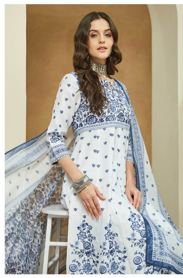 Pristine White and Indigo Floral Angrakha Style Suit Set