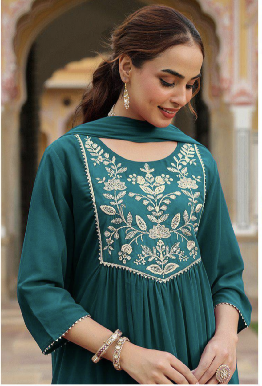 Exquisite Teal Embroidered Angrakha-Style Kurta Set