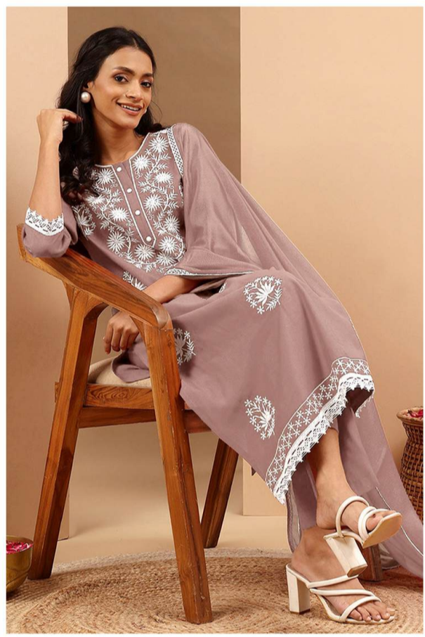 Dusty Rose Chikankari Embroidered Cotton Kurta Set