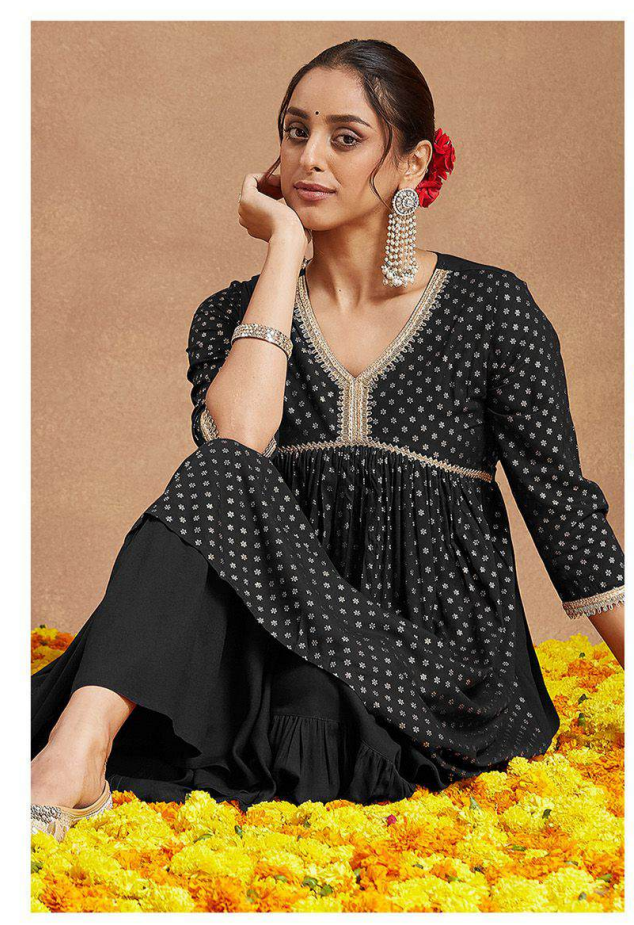 Midnight Black Printed Anarkali Style Set